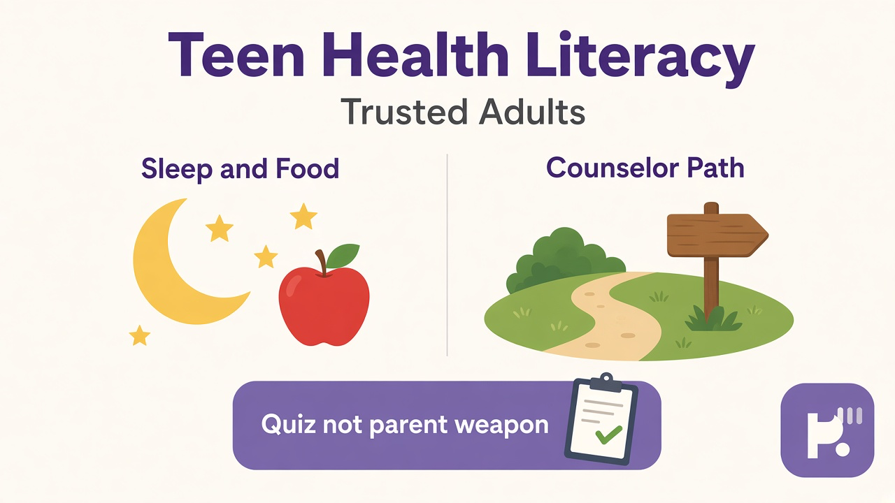 Teen health tips: sleep and fuel basics; ask trusted adults; no diagnosis dunk threads; unofficial quiz; 988 if unsafe