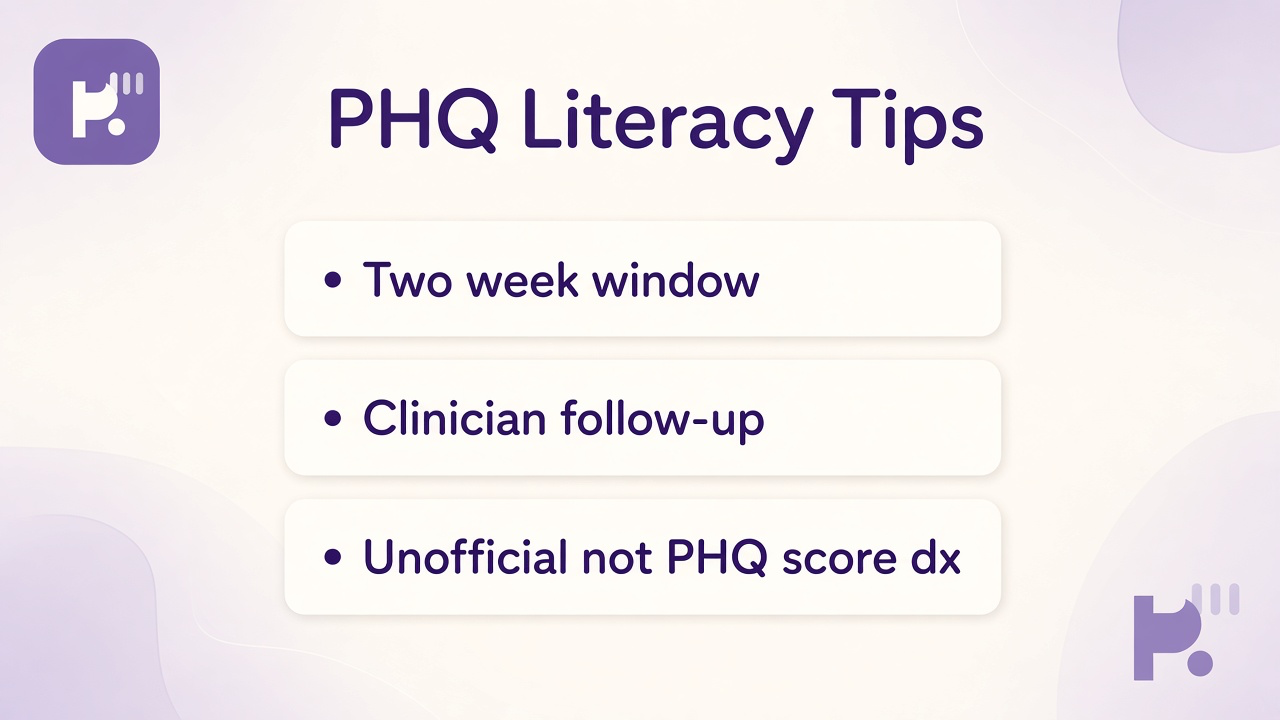 PHQ-9 literacy tips: screening not verdict; follow-up care; clinician if unsafe; unofficial quiz; no pasted PHQ cosplay