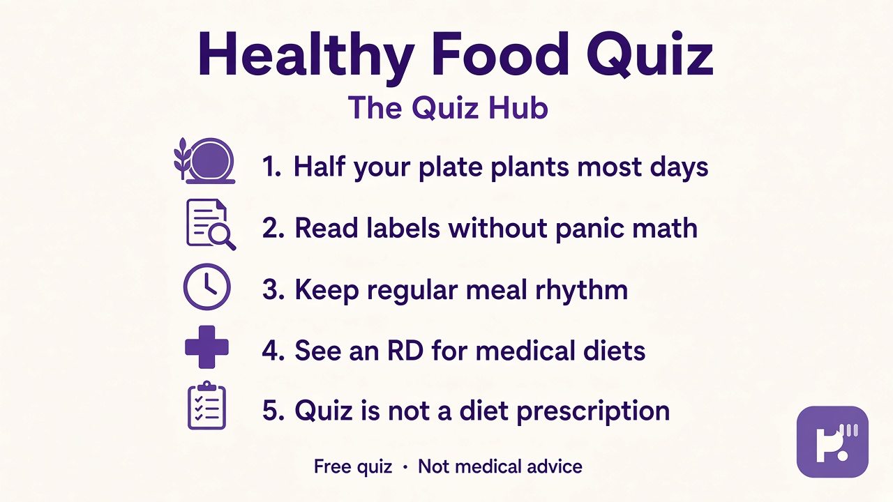 Healthy food tips: half-plate plants; read labels calmly; regular meals; RD not web verdict; quiz not diet prescription