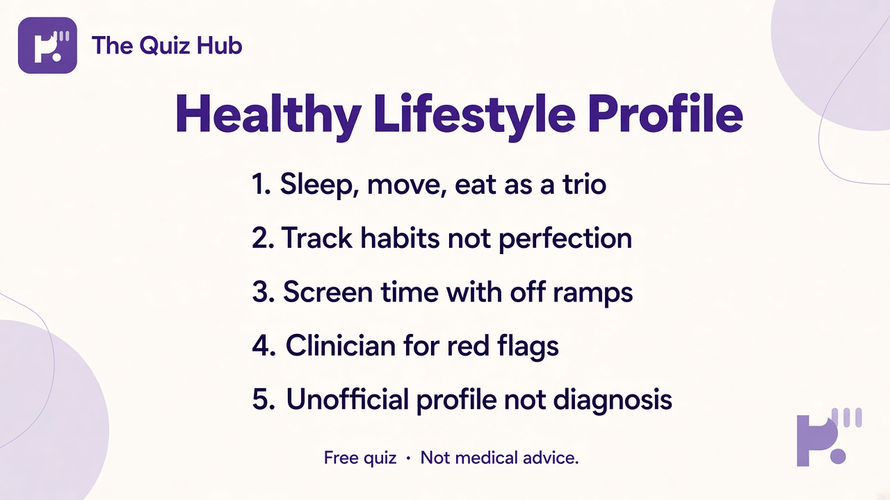 Lifestyle profile tips: sleep and movement; steady fuel; stress breaks; clinician not web profile; quiz not branded exam