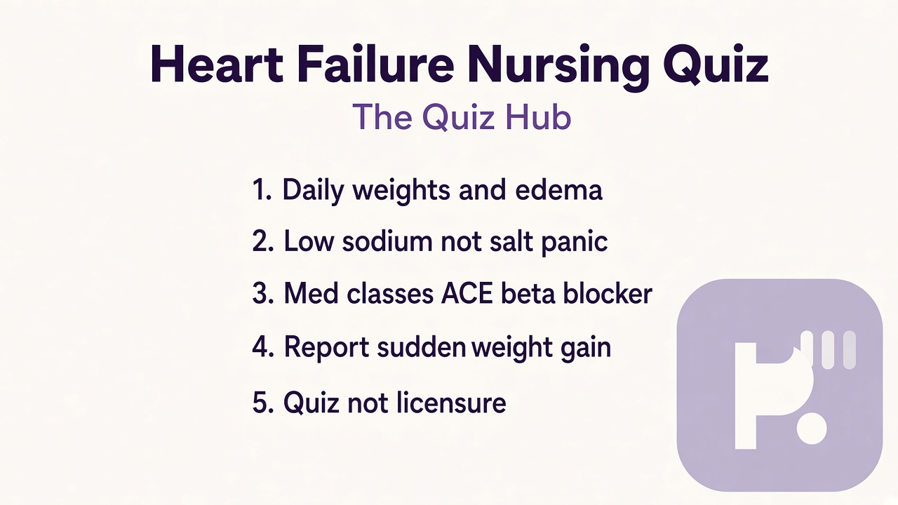 CHF nursing study tips: left right symptoms; daily weights; med classes; low sodium meals; quiz not NCLEX pass