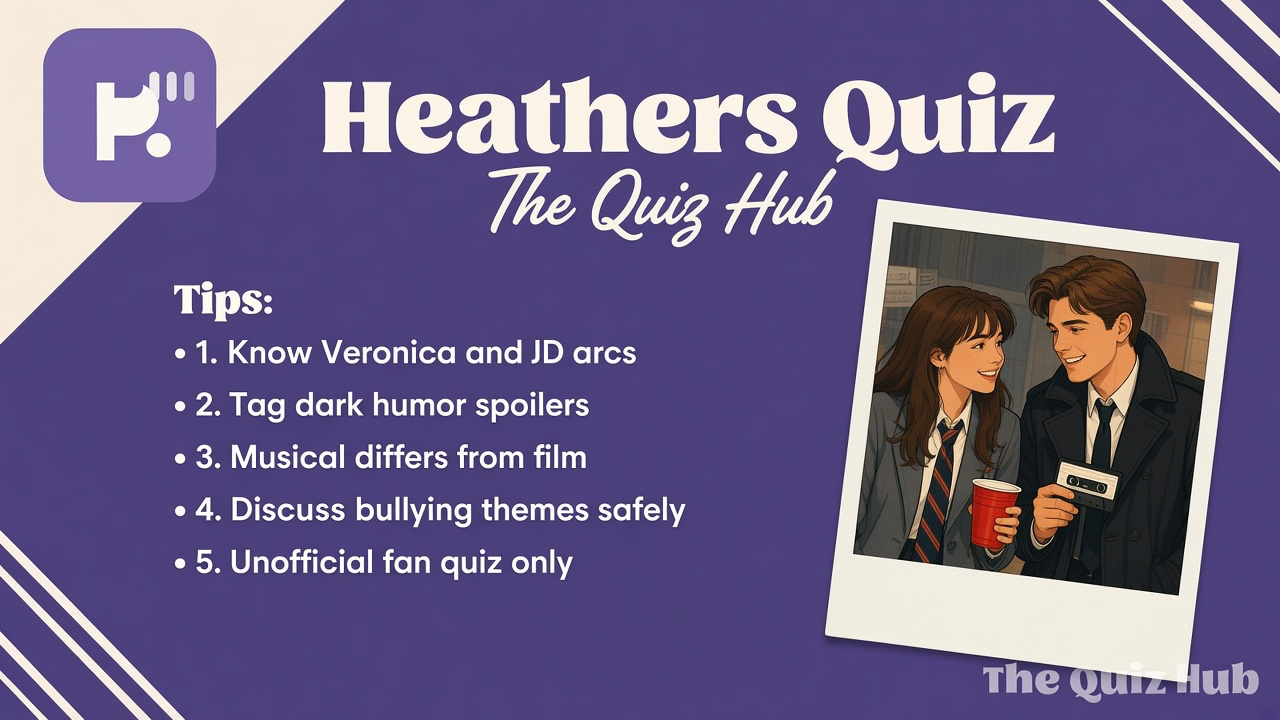 Heathers fan tips: tag spoilers; note dark themes; satire not glorify; unofficial quiz not studio or cast proof