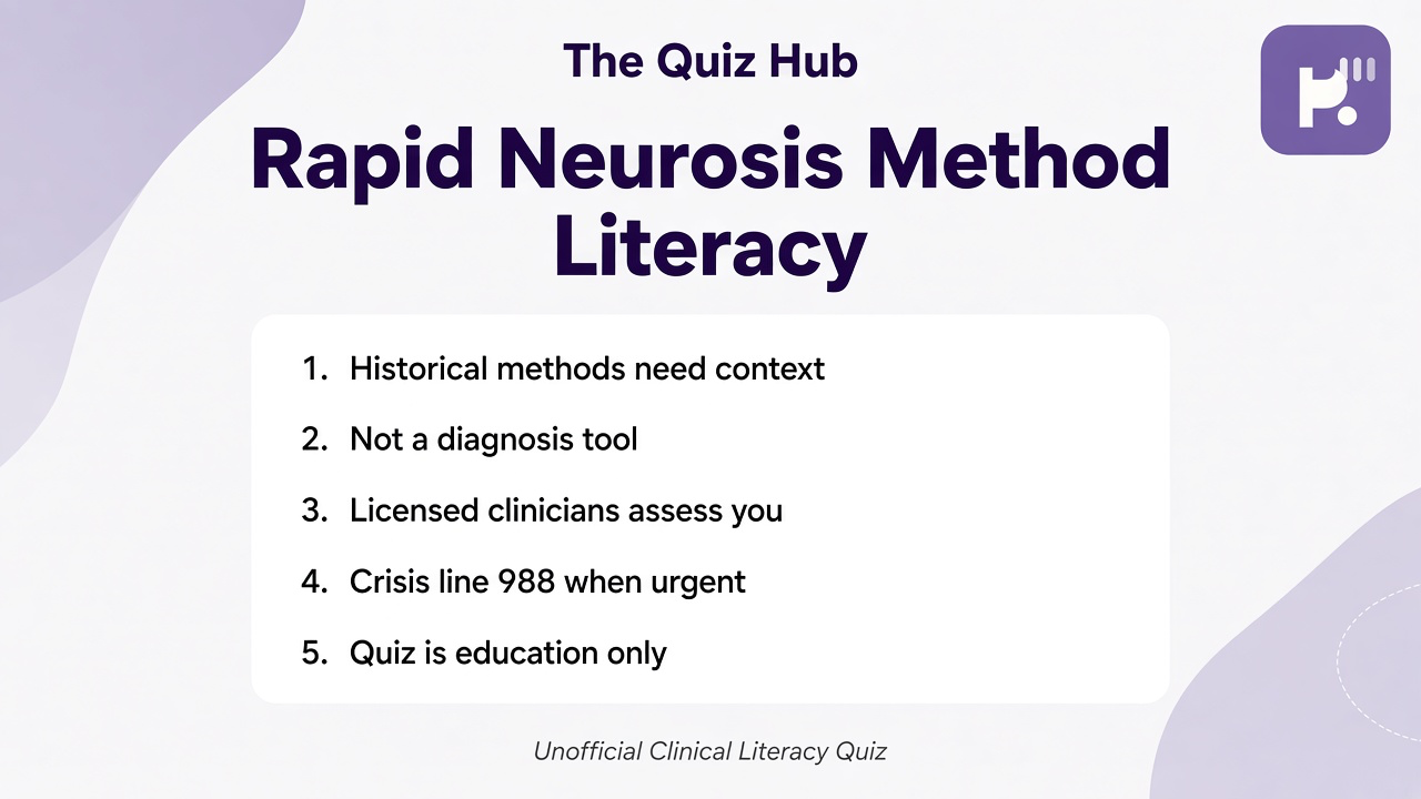 Neurosis screen literacy tips: stress not verdict; seek clinicians; unofficial quiz; not Heck-Hess dx; US 988 crisis