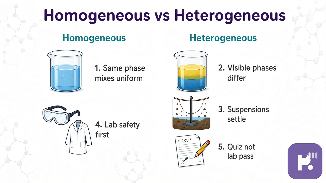 Mixture study tips: homo same phase; hetero visible parts; separation recall; quiz not lab proctor proof