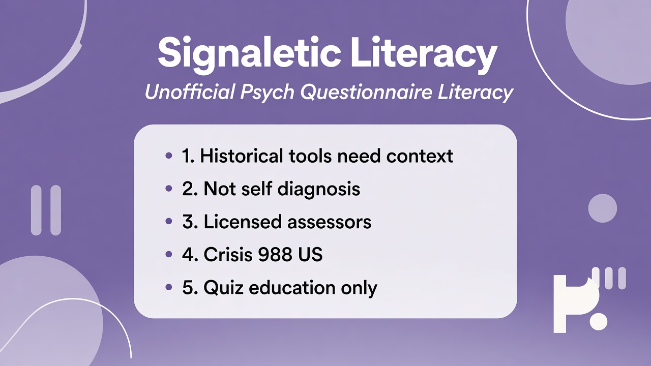 Signaletic literacy tips: traits not verdicts; ask consent; seek clinicians; unofficial not battery; US 988 crisis
