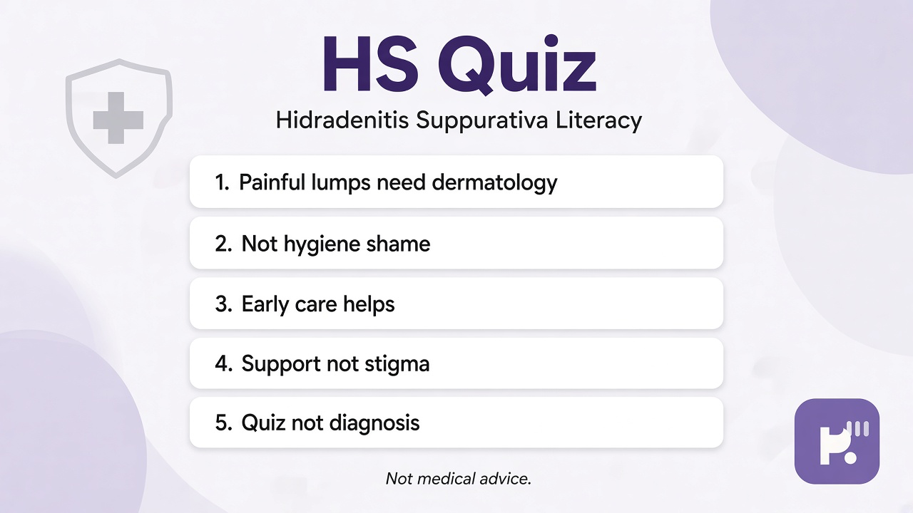 HS tips: note fold bumps; see dermatology; gentle wound care; stigma kindness; sudden infection urgent; quiz not diagnosis