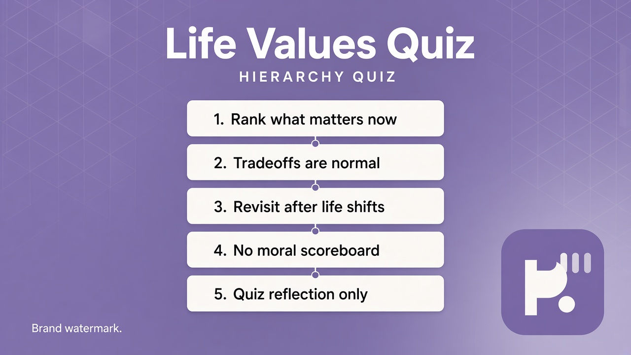 Life values tips: name priorities; expect tradeoffs; align small choices; quiz not moral scoreboard or diagnosis