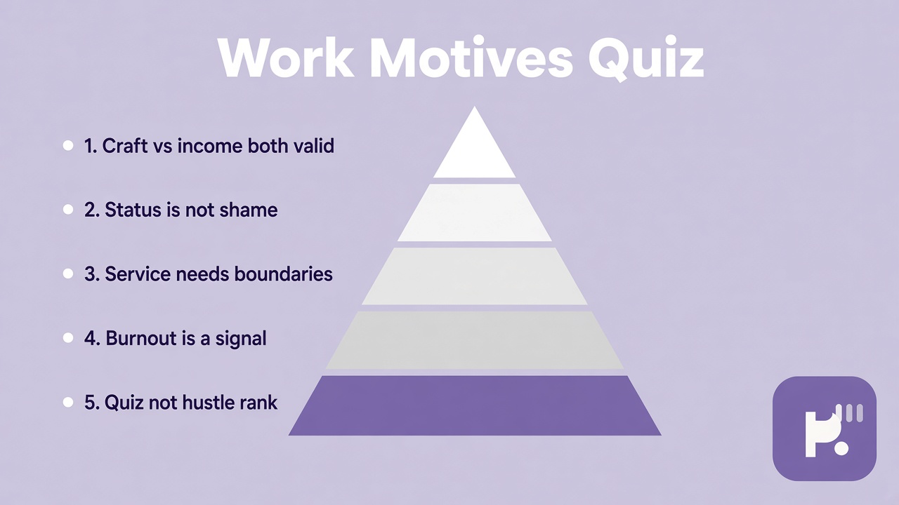Work motives tips: name craft pay status serve; expect tradeoffs; align calendar; quiz not hustle rank or HR proof