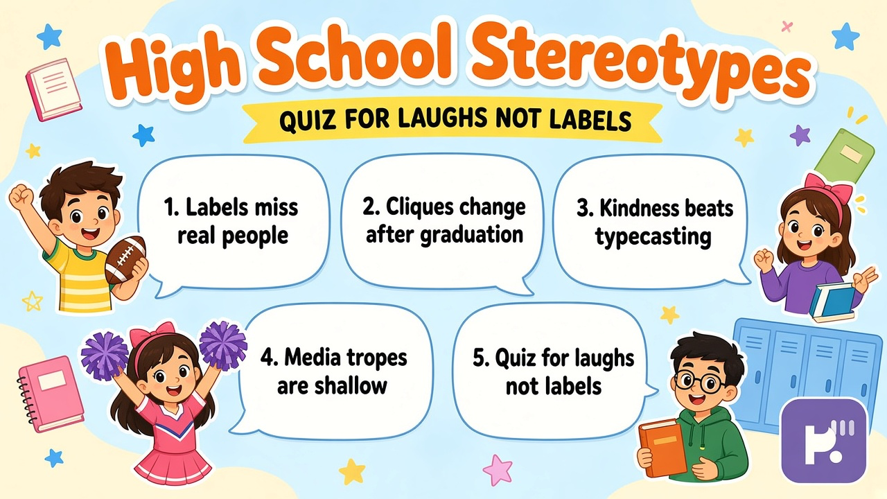 HS stereotype tips: tropes are fiction; respect real classmates; kind humor; unofficial quiz not bullying proof or kid labels