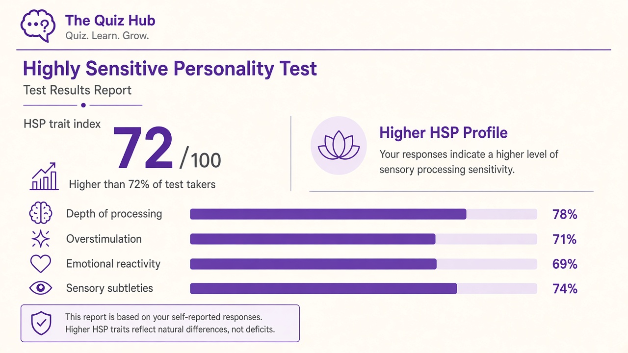 Highly sensitive personality test report with Higher HSP Profile band, trait index 72, four domain bars on The Quiz Hub