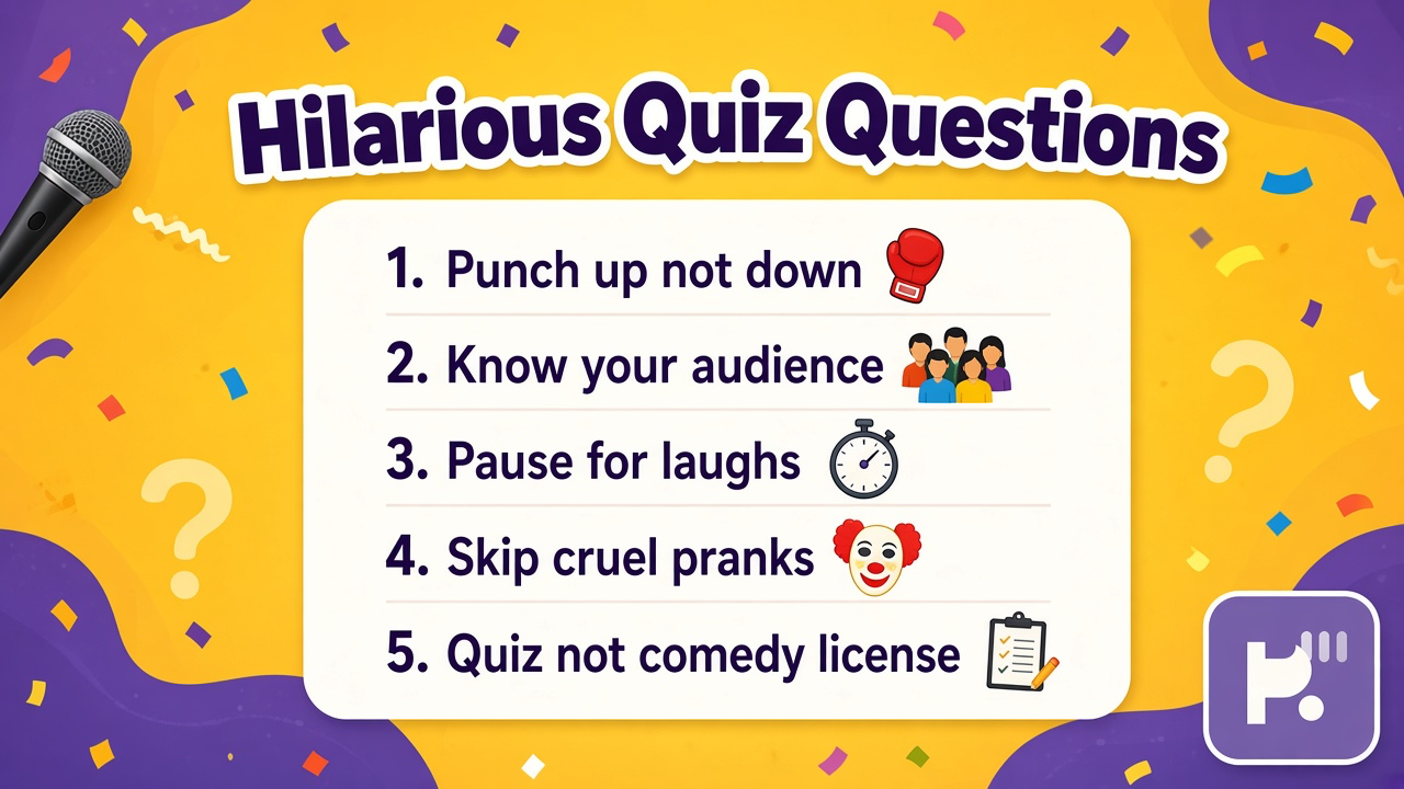 Hilarious quiz tips: silly not cruel; invite shy guests; skip punchline ambush; quiz not trivia champ