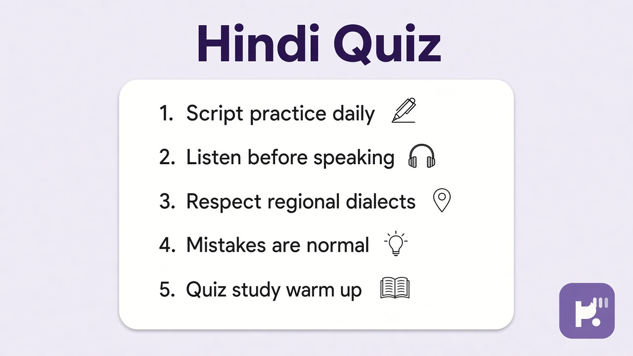 Hindi study tips: script with patience; vocab with context; respect not gatekeep; quiz not fluency proof