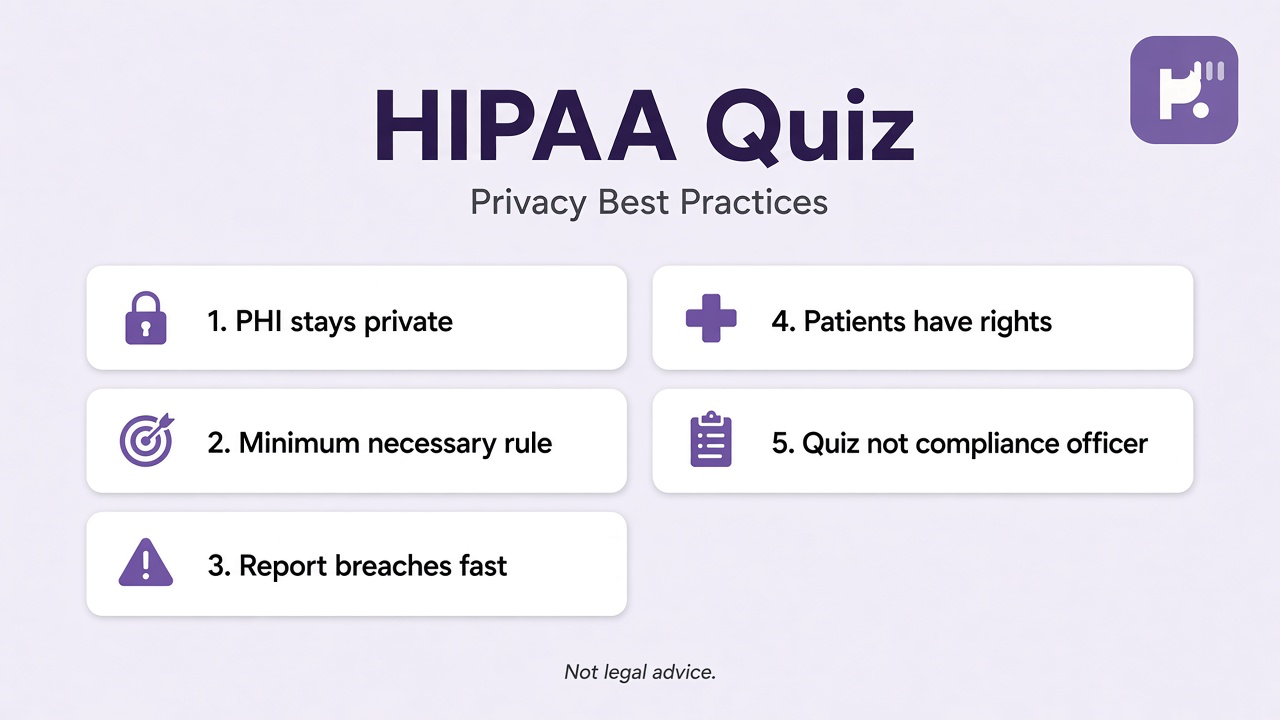 HIPAA tips: PHI boundaries; patient rights; report breaches; quiz not legal advice