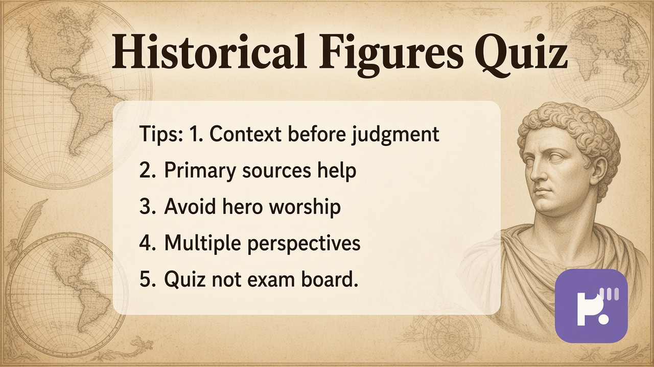 Historical figures tips: era timelines; primary sources; diverse voices; cite docs; quiz not AP exam gate