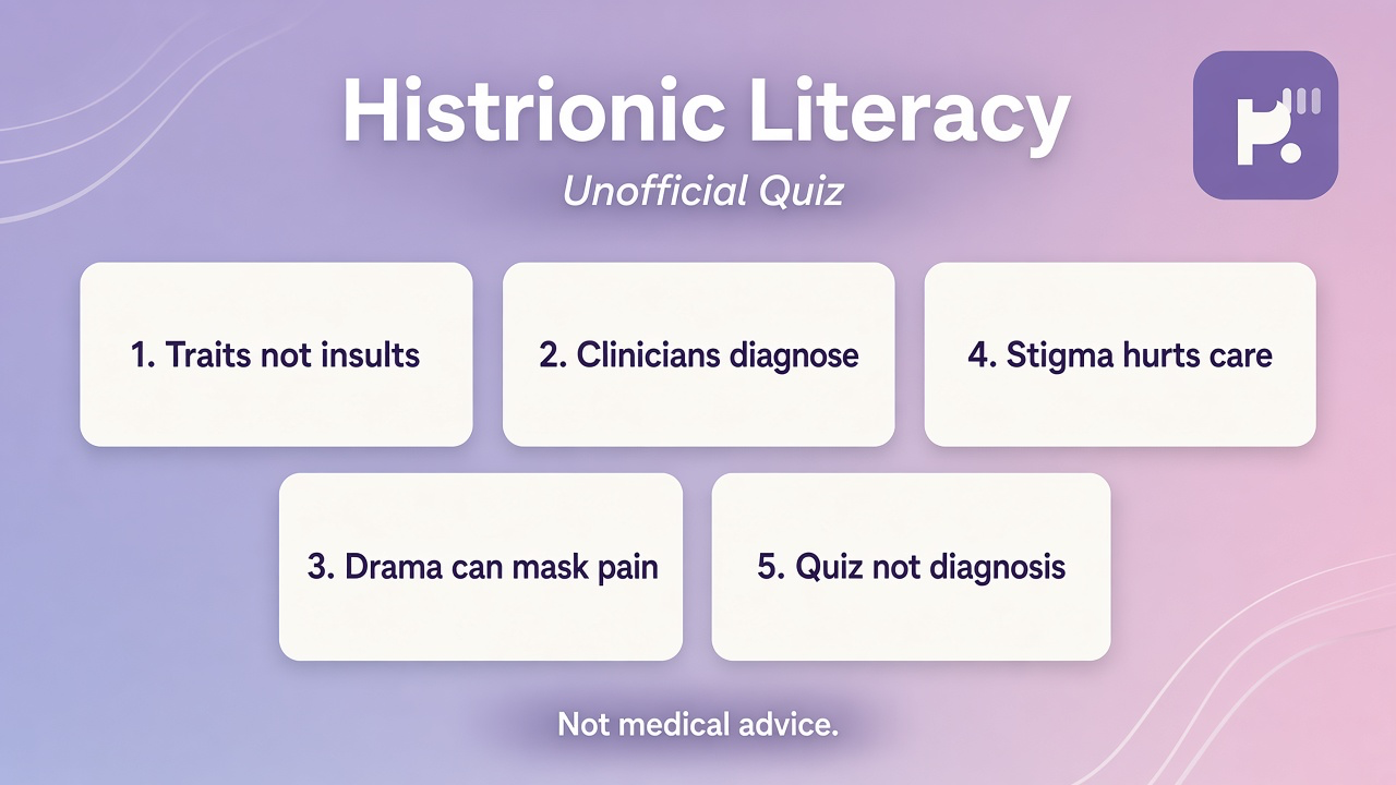 HPD literacy tips: traits not insults; stigma-aware words; seek clinicians; quiz not diagnosis or stranger-label license