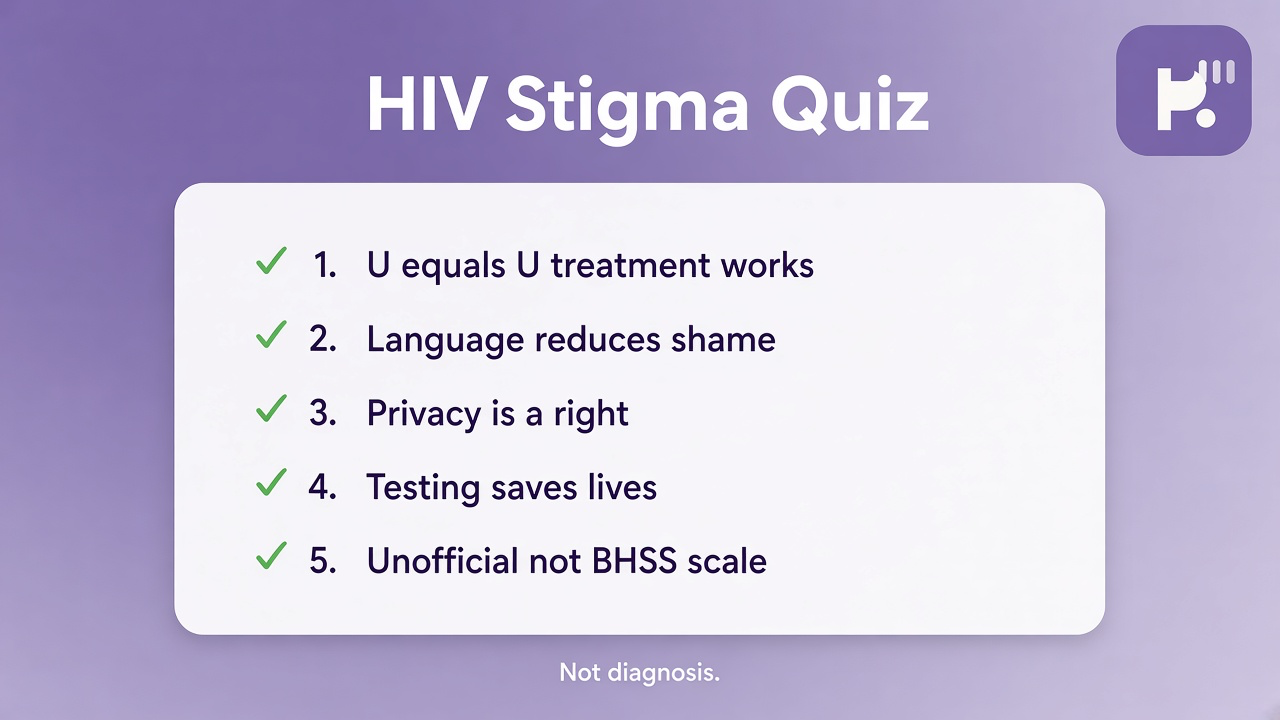 HIV stigma tips: accurate info; U=U awareness; privacy first; kind support; quiz not published BHSS scores or outing license