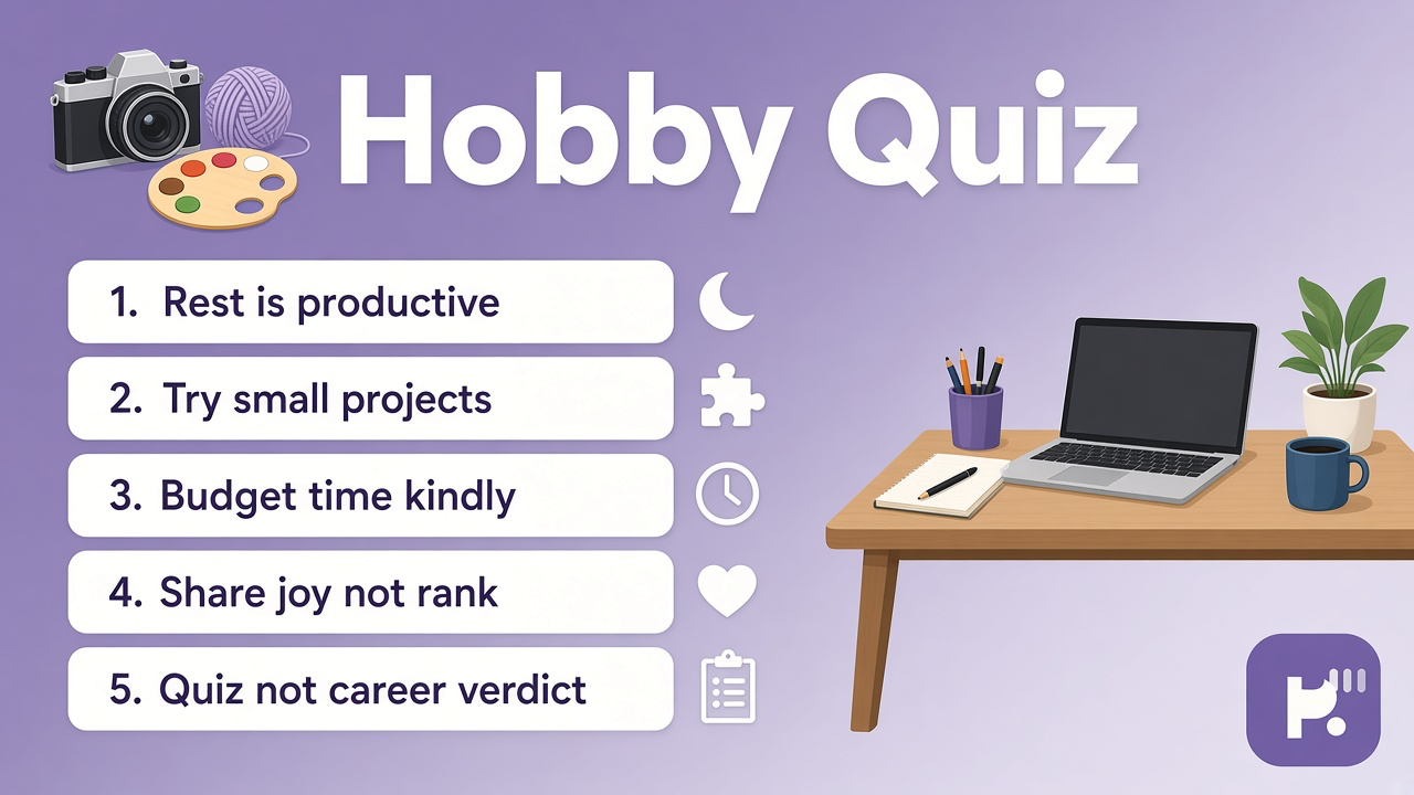 Hobby quiz tips: joy not hustle shame; budget consent; try hobbies gently; quiz not personality verdict or career license