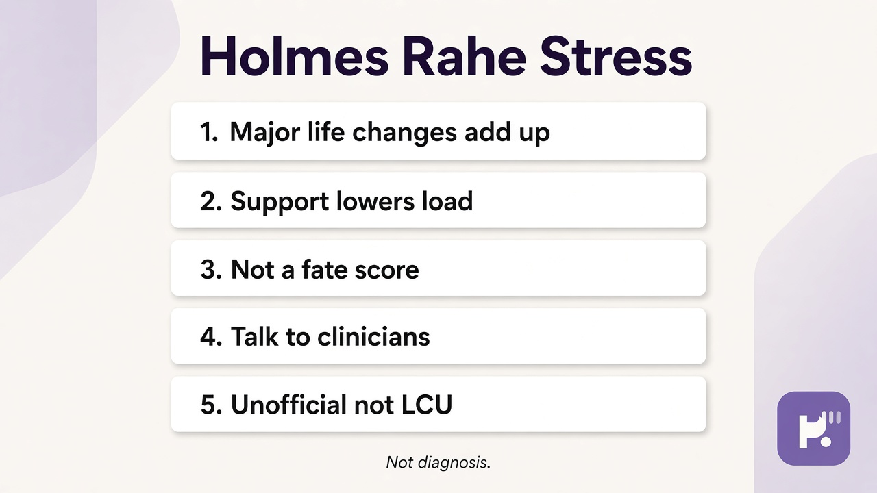 SRRS literacy tips: life change context; pace loads; seek clinicians; quiz not published LCU totals or grief rank license