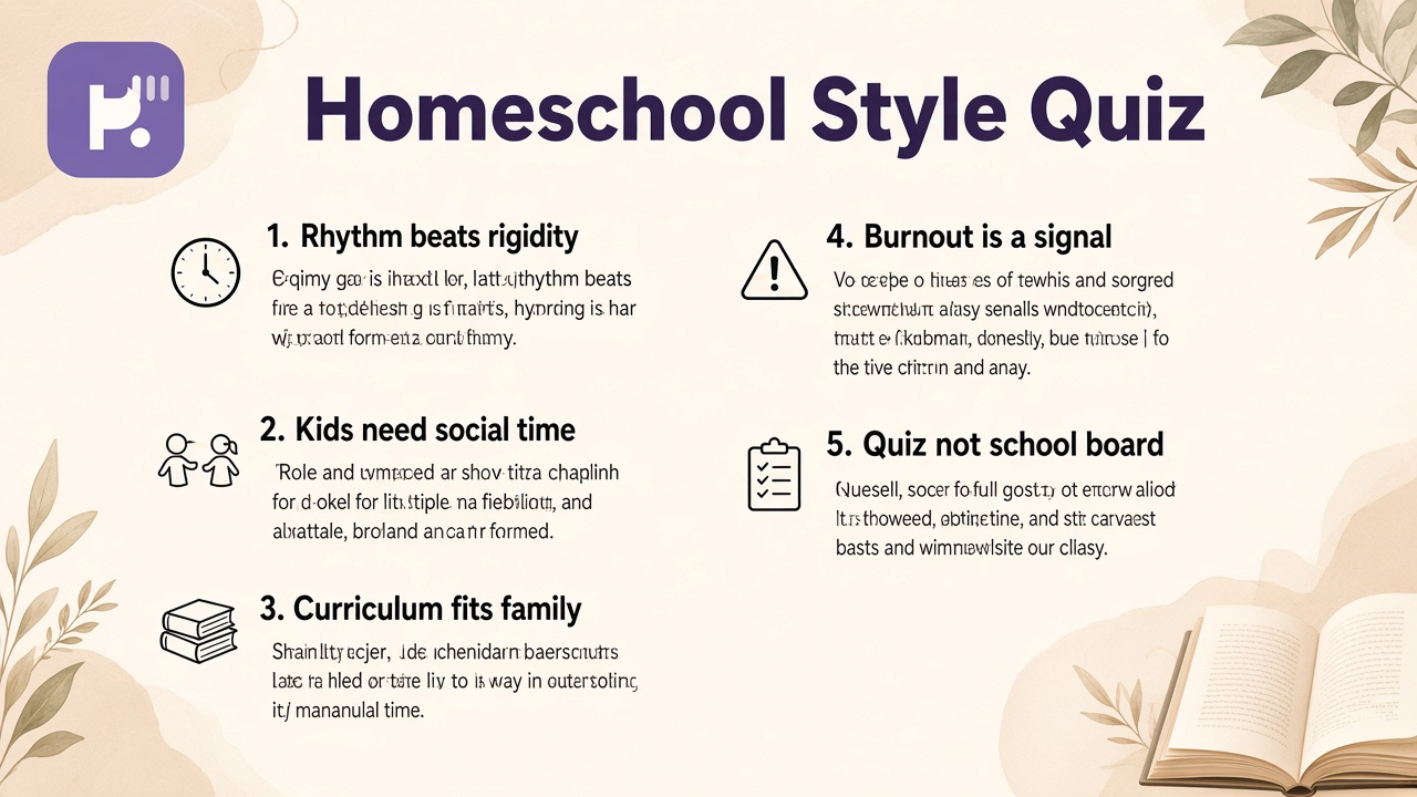 Homeschool style tips: rhythms not rigidity; cite resources; kind social play; quiz not school verdict