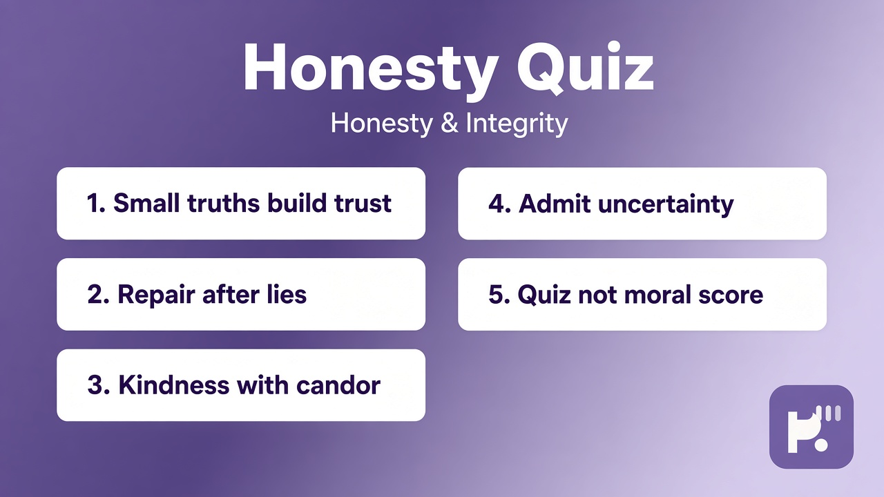 Honesty tips: small truths; keep promises; repair slips; quiz not moral verdict on friends or partners