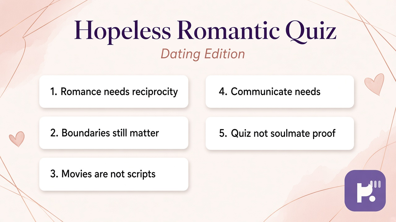 Romantic tips: enjoy gestures; check expectations; reality-test dating; quiz not soulmate proof or pressure