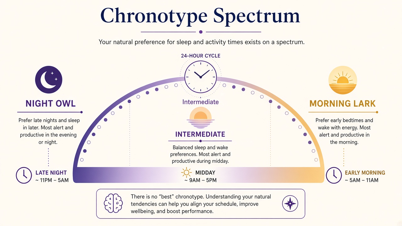 Chronotype spectrum diagram showing Night Owl, Intermediate, and Morning Lark bands across a day-night arc