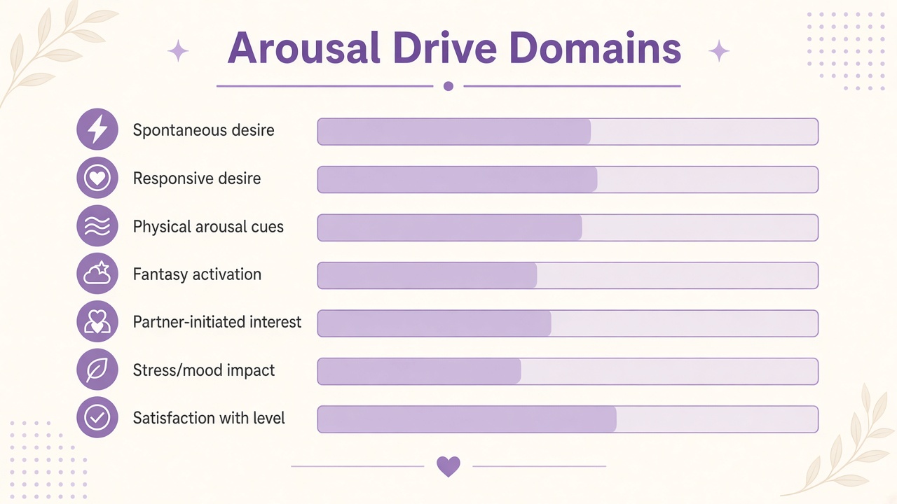 Horny test diagram with seven domain bars for arousal drive themes on The Quiz Hub