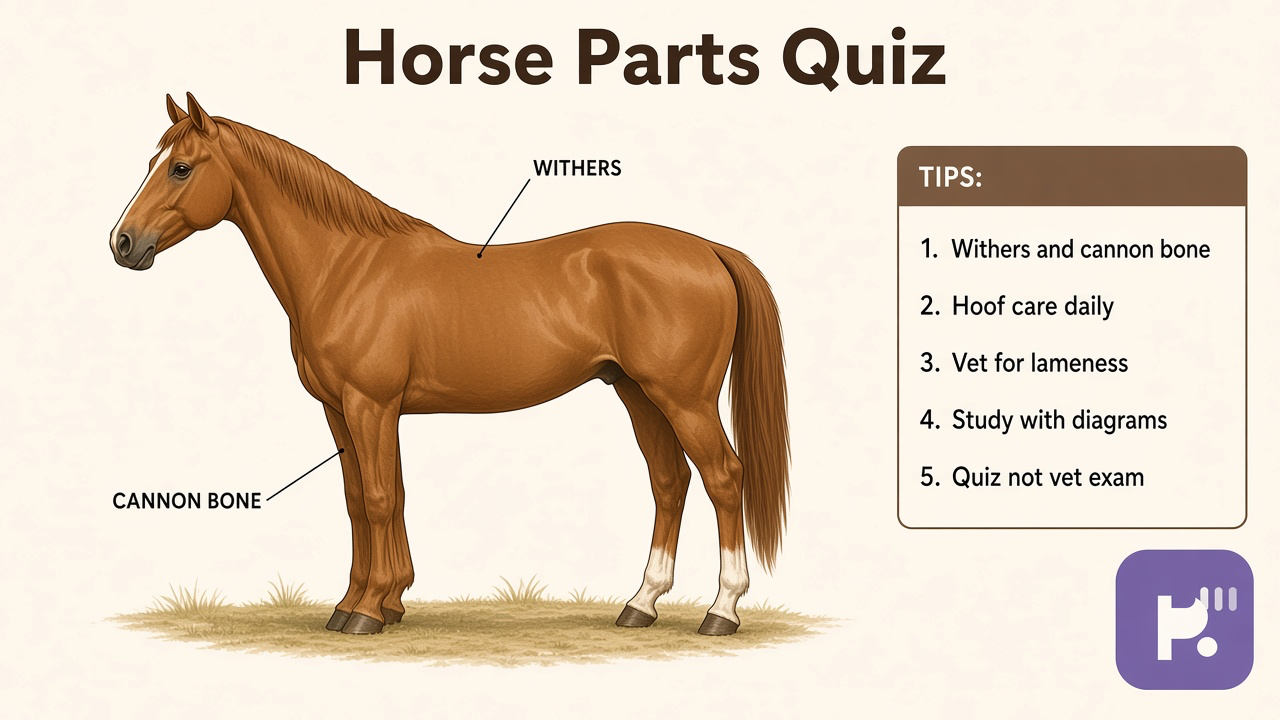 Horse parts tips: head leg hoof labels; coat landmarks; anatomy humility; quiz not vet exam clearance