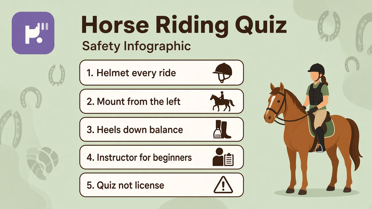 Horse riding tips: mount safety; arena etiquette; rein calm; quiz not instructor certification