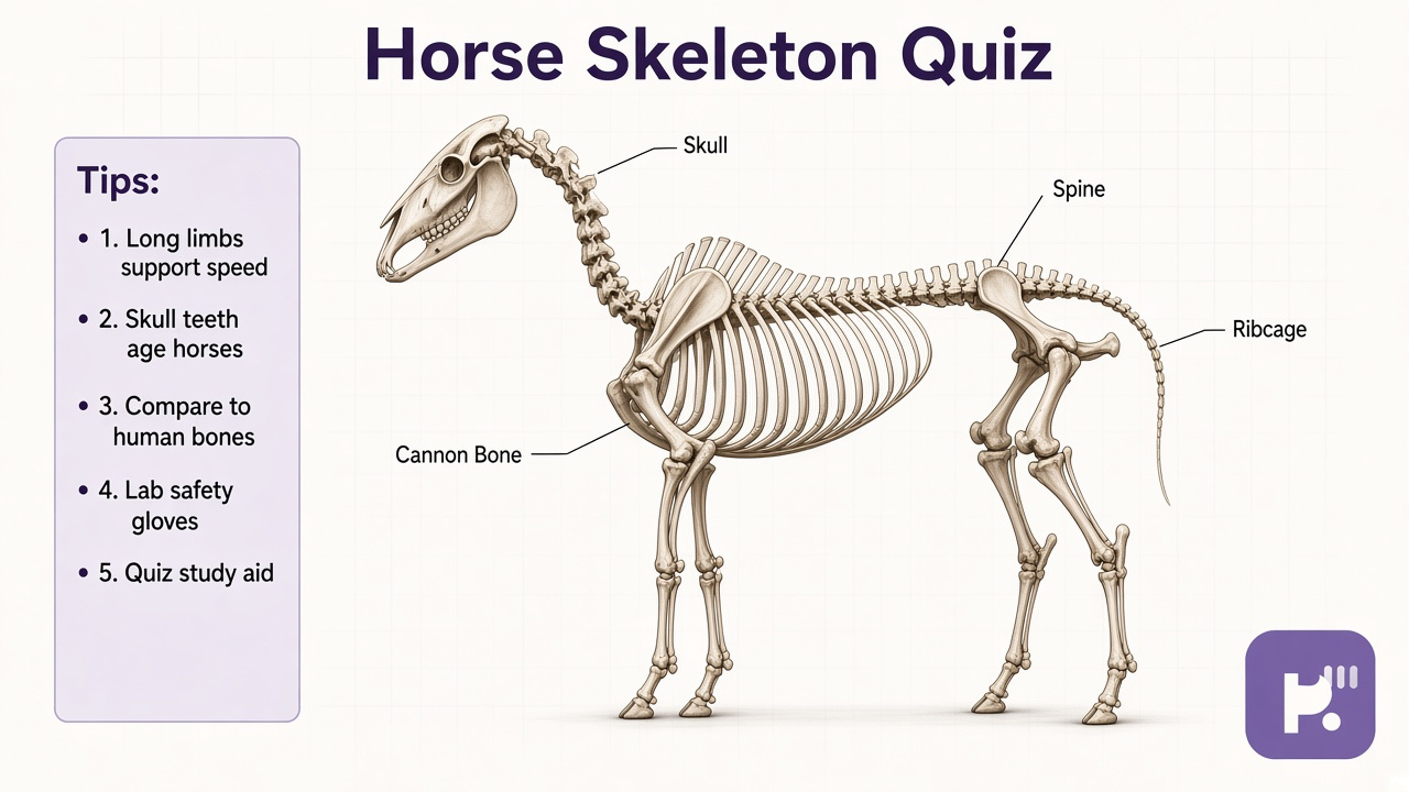 Horse skeleton tips: limb axial bones; joint landmarks; osteology humility; quiz not vet lab exam