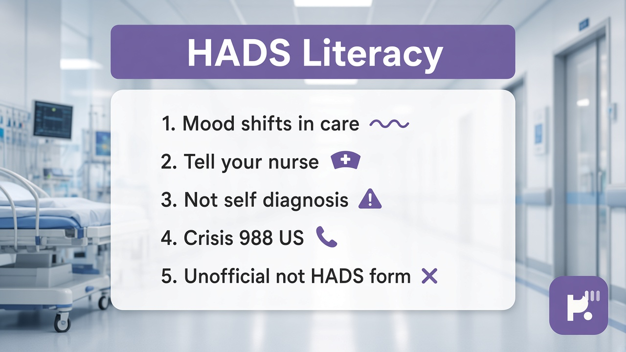 HADS literacy tips: hospital nerves are real; seek clinicians; quiz not published HADS; crisis 988; no stranger labels