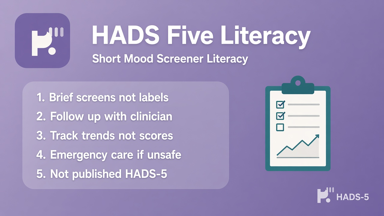 HADS-5 tips: short forms need context; tell clinicians; quiz not licensed five-item HADS; crisis 988; no meme diagnosis