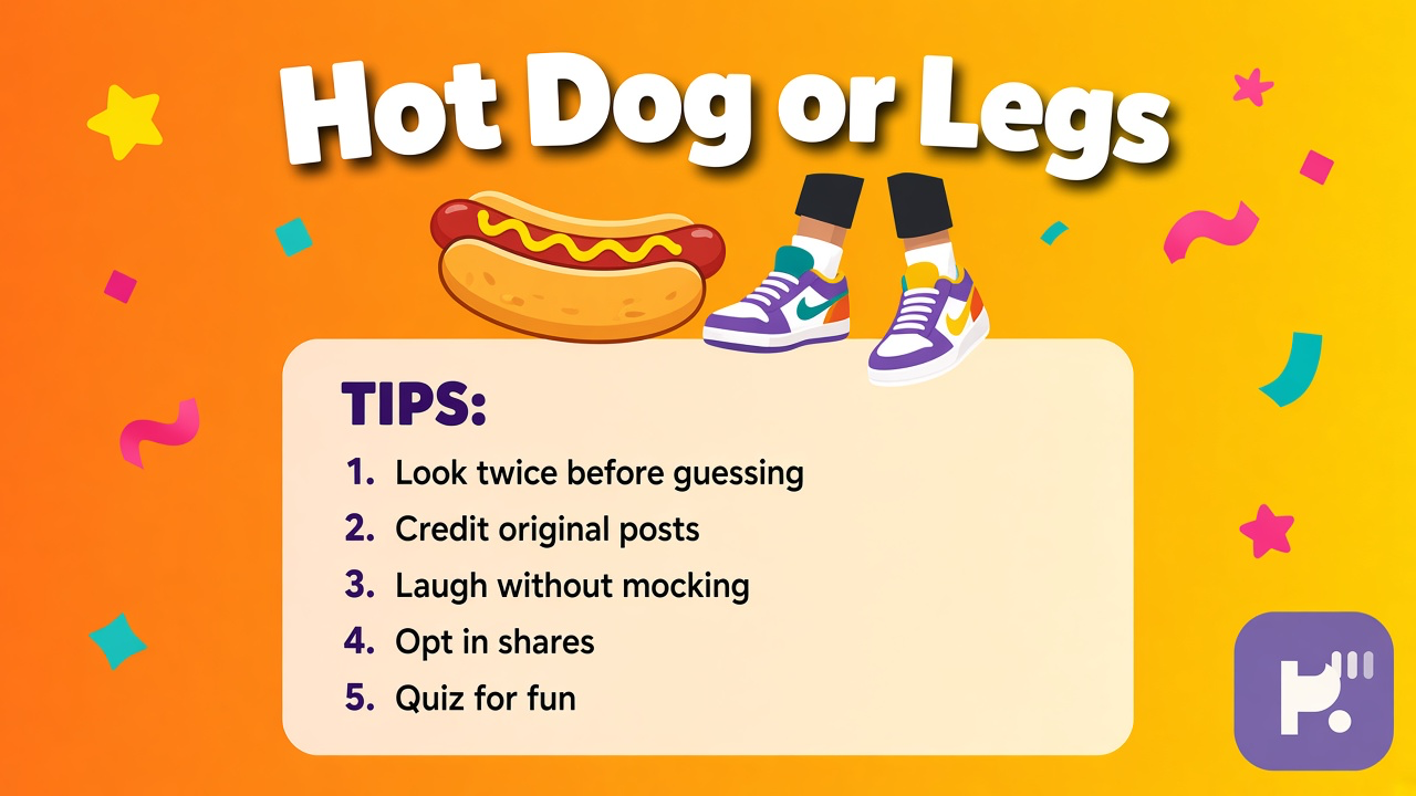 Hot dog or legs tips: guess with kindness; credit creators; ask before tagging; quiz not viral champ license