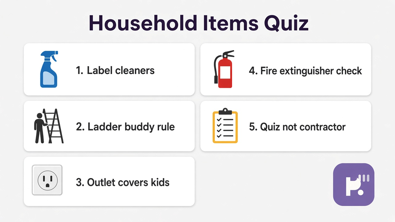 Household item tips: read labels; safe unplug habits; know when to call pros; quiz not trade license