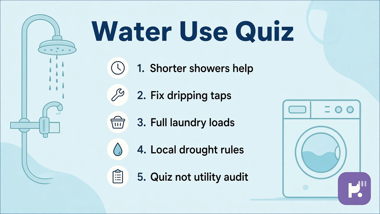 Water saving tips: shorter showers; fix leaks; drought smart watering; quiz not utility audit