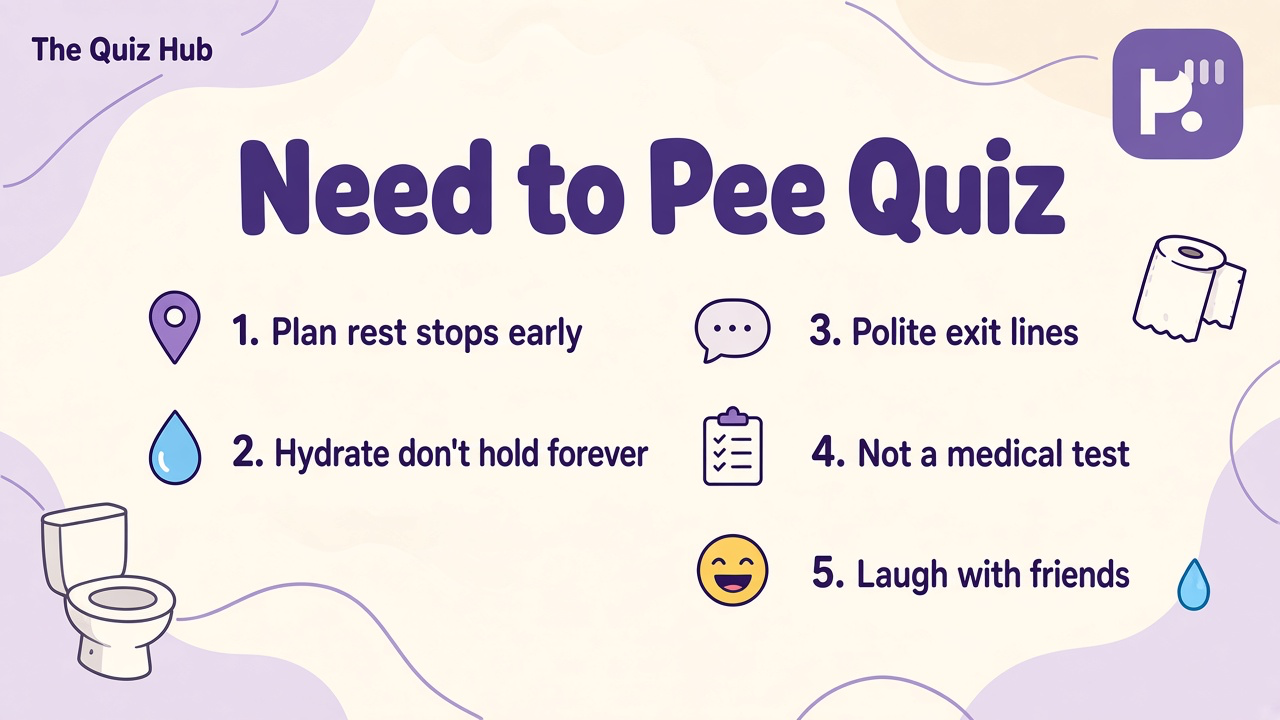 Pee urgency humor tips: laugh at road trips; exit politely; skip urology myths; quiz not bladder diagnosis