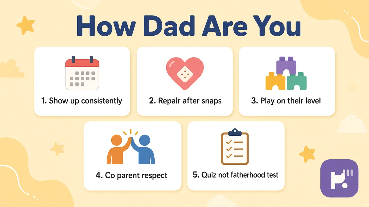 Dad energy tips: playful warmth; steady presence; repair after snaps; quiz not parenting report card