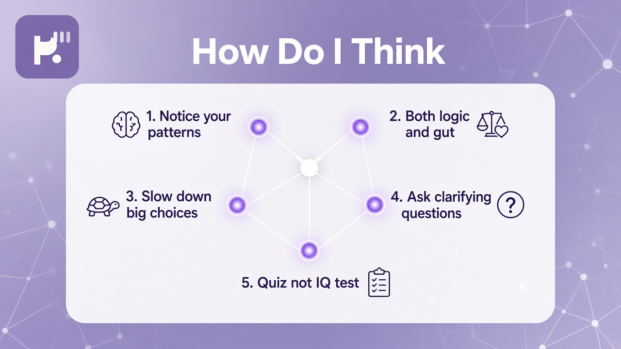 Thinking style tips: notice your cues; mix logic and intuition; quiz not IQ test; no ranking classmates from bars