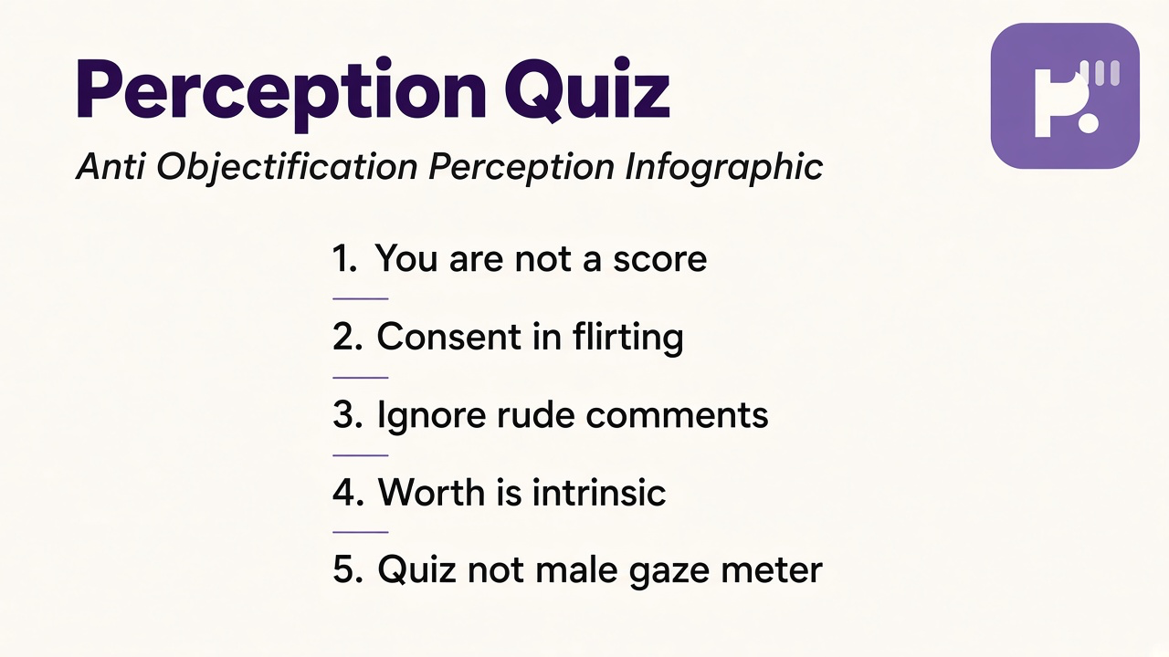 Perception humility tips: worth beyond ratings; opt-in flirting; no male gaze scoreboard; quiz not hotness proof