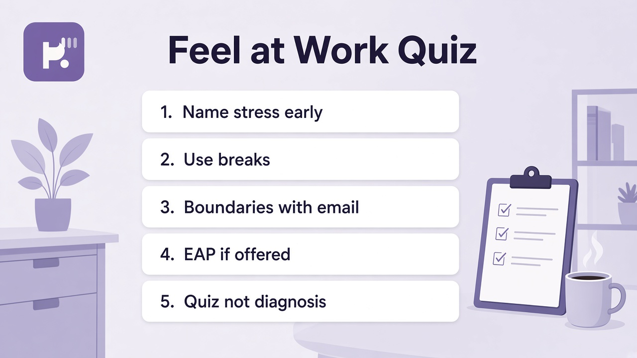 Work mood tips: name strain early; real breaks; boundaries not HR cosplay; quiz not diagnosis; crisis 988