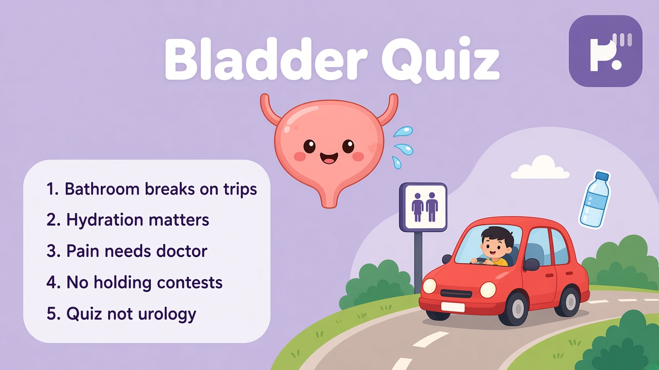 Bladder habit tips: hydrate; take breaks; skip shame; playful quiz not urology diagnosis