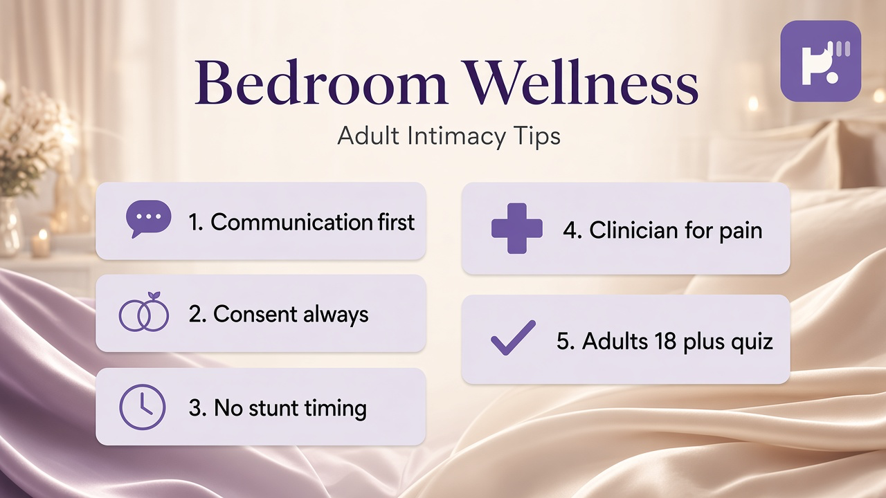 Sexual wellness tips: pace and comfort; partner talk; skip stunt brags; quiz not urology; adults 18 plus