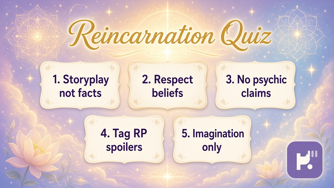 Reincarnation play tips: story as metaphor; respect beliefs; no psychic proof; quiz not verified lives