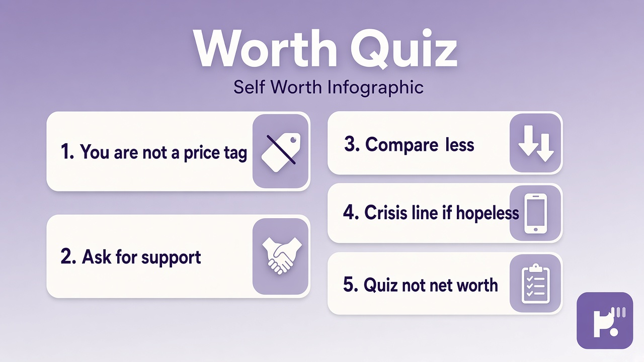 Self-worth tips: value beyond output; limit shame scrolls; ask for support; quiz not net worth scoreboard