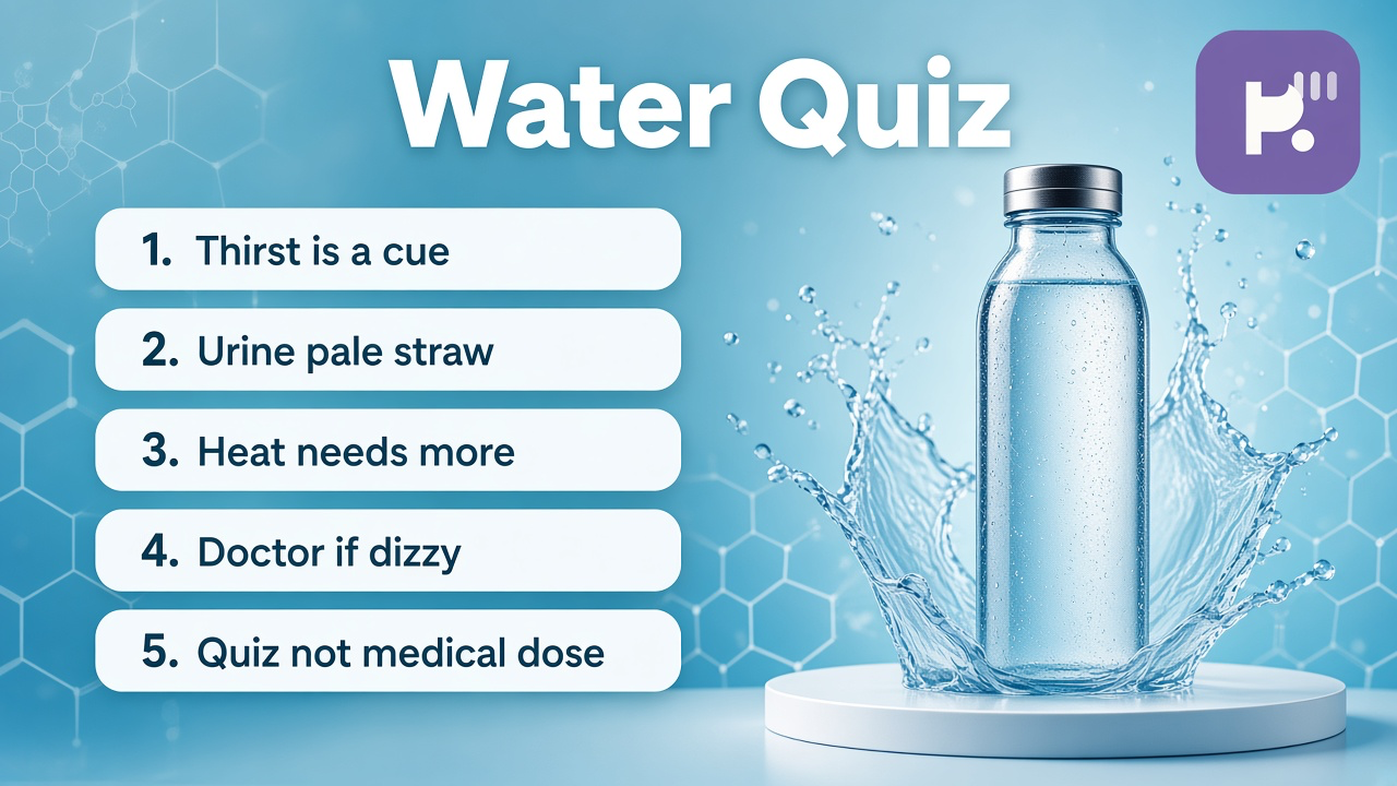Hydration tips: sip through the day; notice thirst and activity; refuse shame myths; quiz not personalized liter orders
