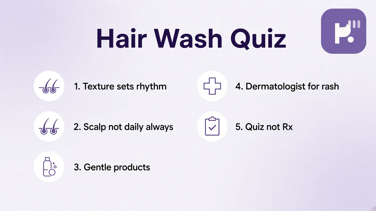 Hair wash tips: notice scalp rhythm; respect texture; humble product talk; quiz not derm diagnosis or shame