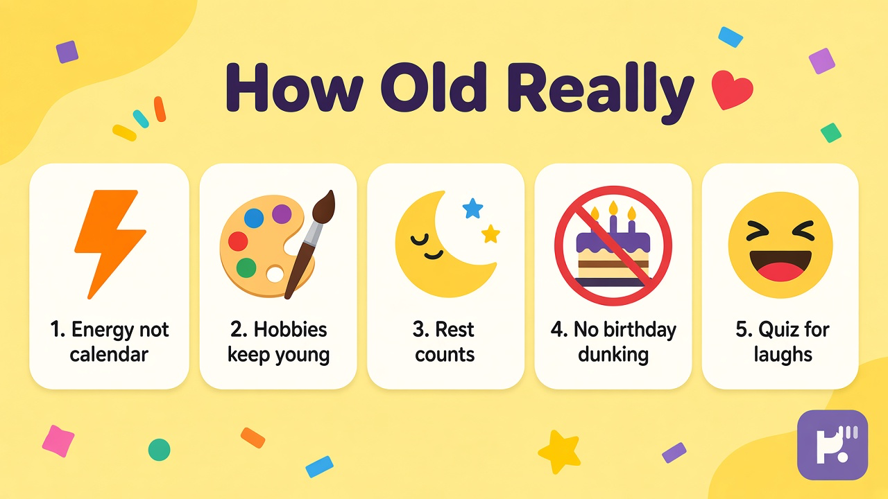 Subjective age tips: playful energy vibes; kind nostalgia; humble body talk; quiz not passport or birthday dunk