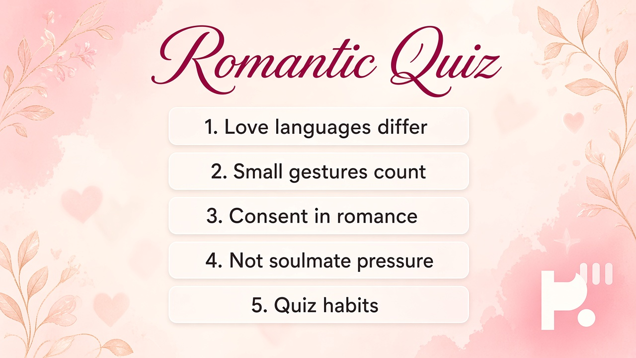 Romance tips: small affection counts; ask love languages; no partner dunk; quiz not soulmate court