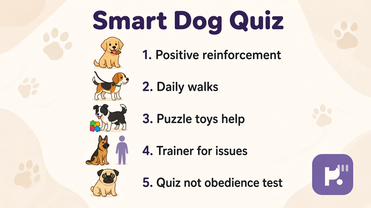 Dog smarts tips: enrichment play; kind training; breeds vary; quiz not IQ test; see trainers for behavior