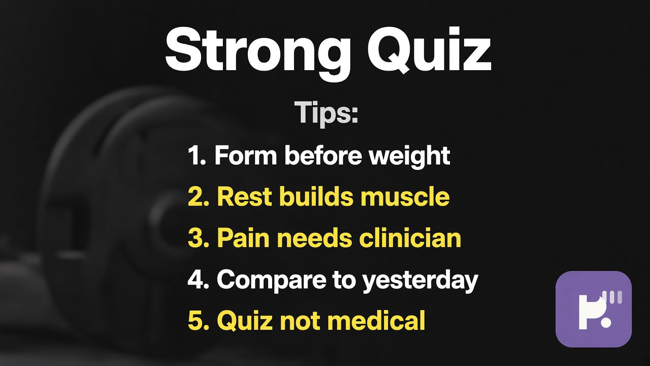 Strength habit tips: safe progression; rest and form; no gym hot-or-not; quiz not medical clearance